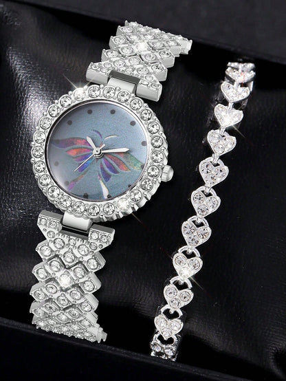 1Pc Rhinestone Decor Quartz Watch & 1Pc Bracelet