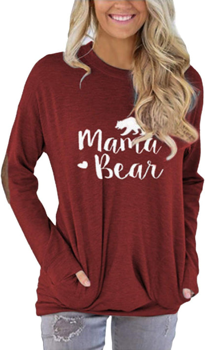 Women'S Mama Bear Shirt Batwing Sleeve Patches Top Wine Red Size M